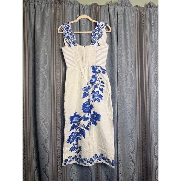 FARM Rio Off-White Floral Cascade Wavy Euroflax Premium Linen Midi Dress - Picture 8 of 10